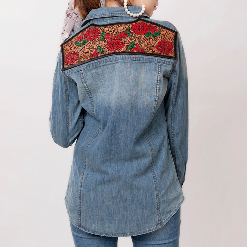 American Darling Genuine leather Hand tooled carved Women 100% cotton Denim Blazer dress jacket ladies | Vintage