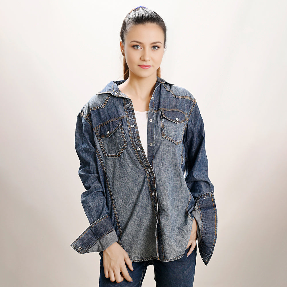 American Darling Leather Hand Tooled Carved Women Denim Shirt Jacket