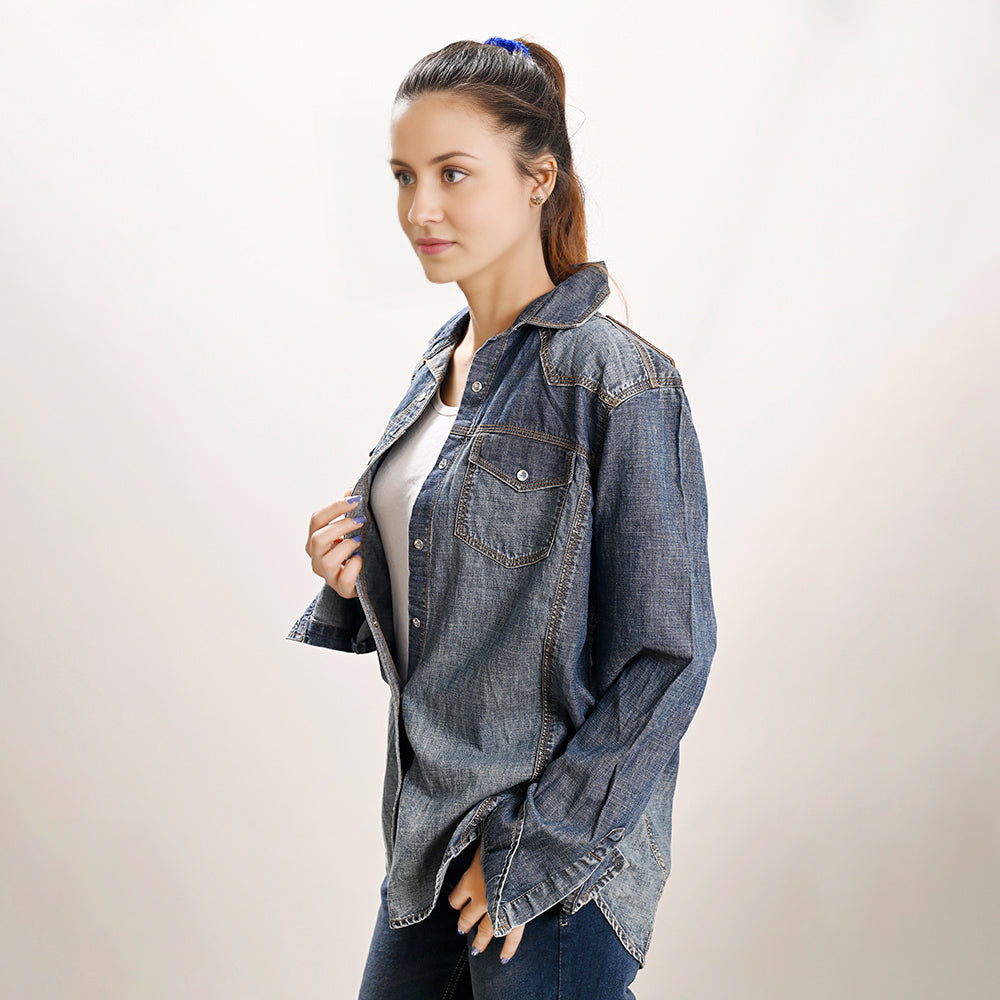 American Darling Leather Hand Tooled Carved Women Denim Shirt Jacket
