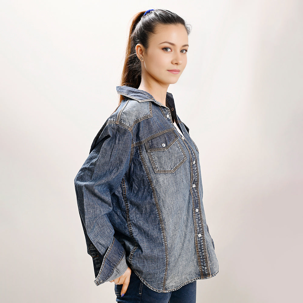 American Darling Leather Hand Tooled Carved Women Denim Shirt Jacket