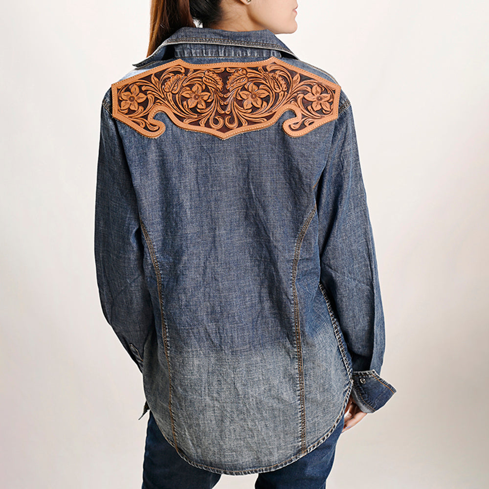 American Darling Leather Hand Tooled Carved Women Denim Shirt Jacket