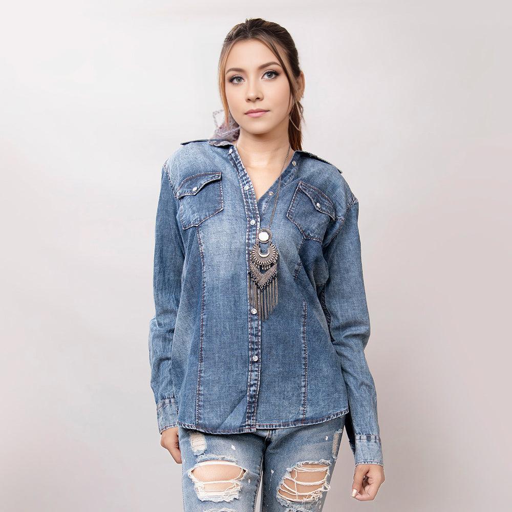 American Darling Leather Hand Tooled Carved Women Denim Shirt Jacket