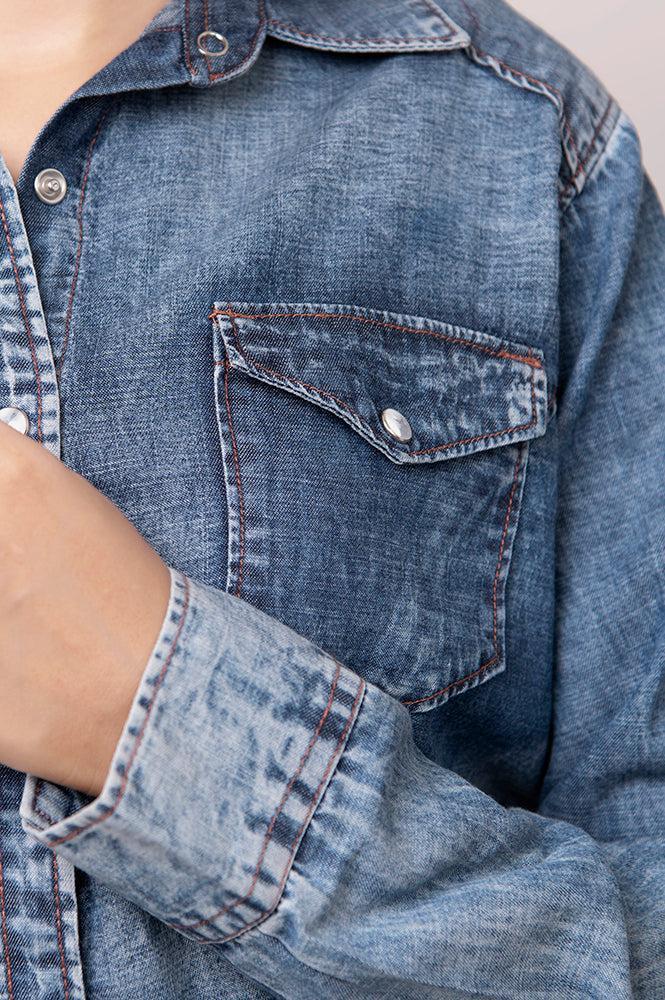 American Darling Leather Hand Tooled Carved Women Denim Shirt Jacket
