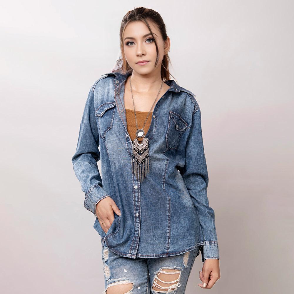American Darling Leather Hand Tooled Carved Women Denim Shirt Jacket