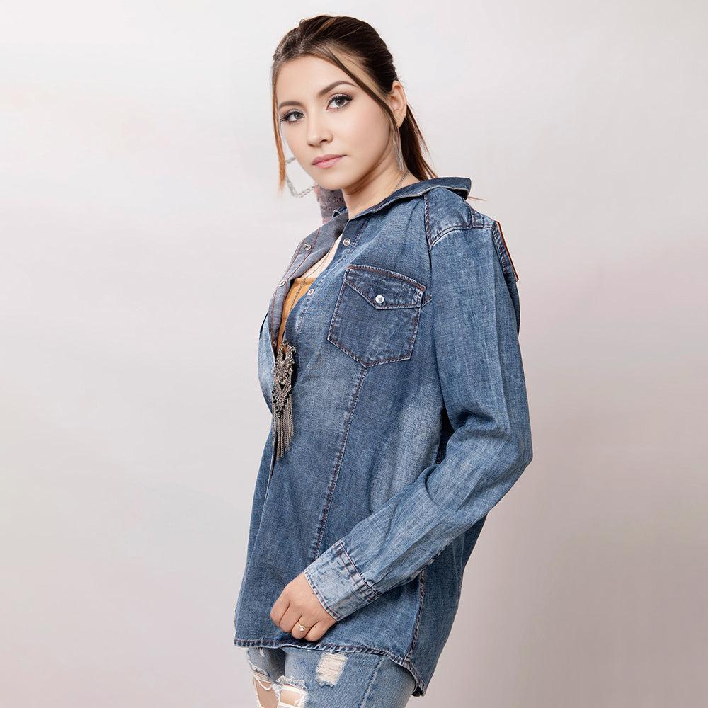 American Darling Leather Hand Tooled Carved Women Denim Shirt Jacket