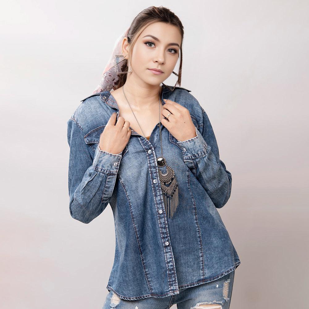American Darling Leather Hand Tooled Carved Women Denim Shirt Jacket