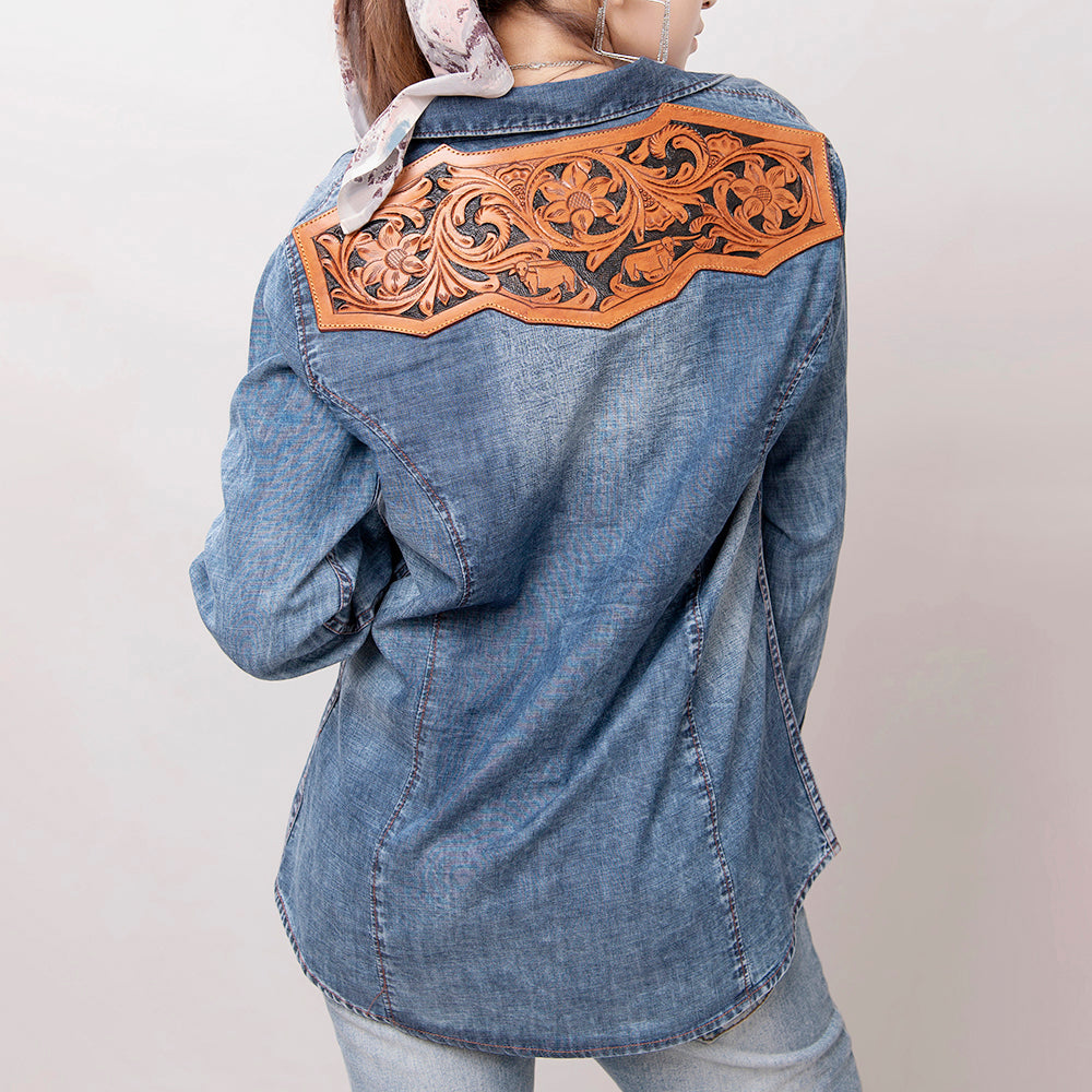 American Darling Genuine leather Hand tooled carved Women 100% cotton Denim Blazer dress jacket ladies | Vintage