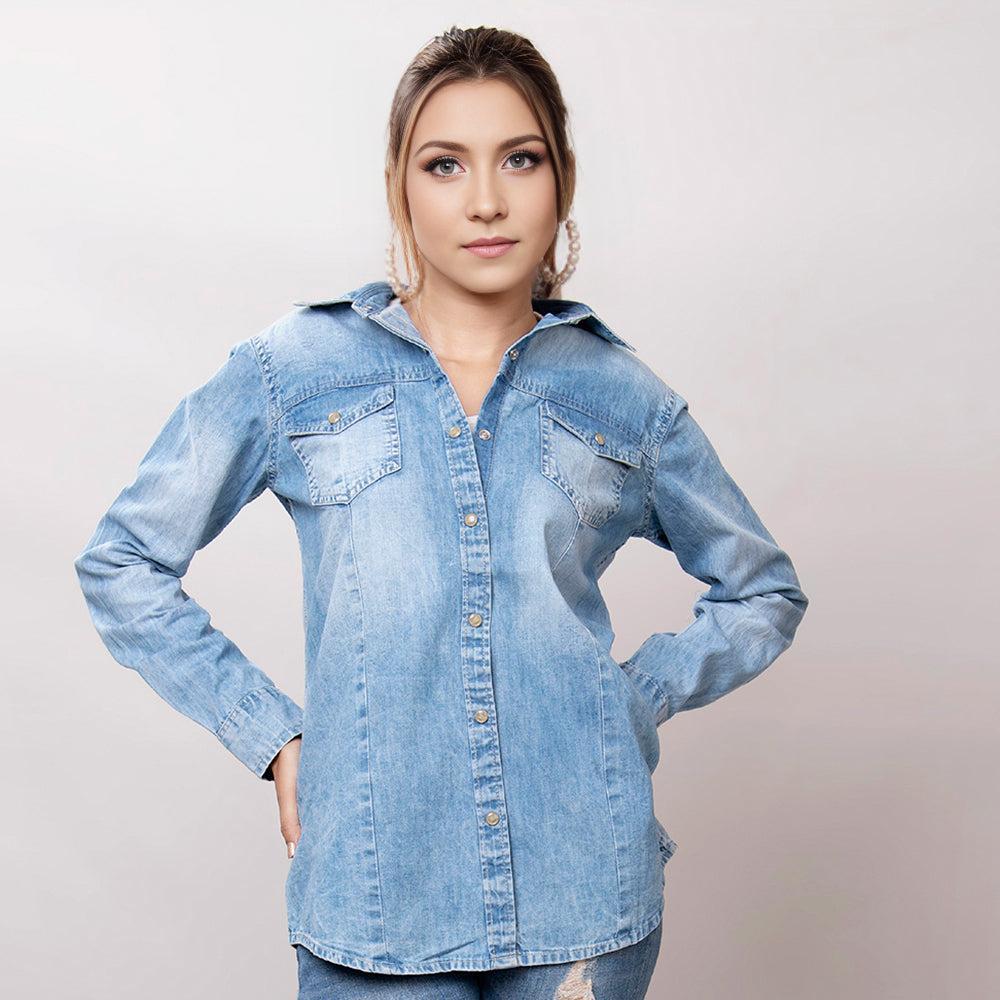 American Darling Leather Hand Tooled Carved Women Denim Shirt Jacket