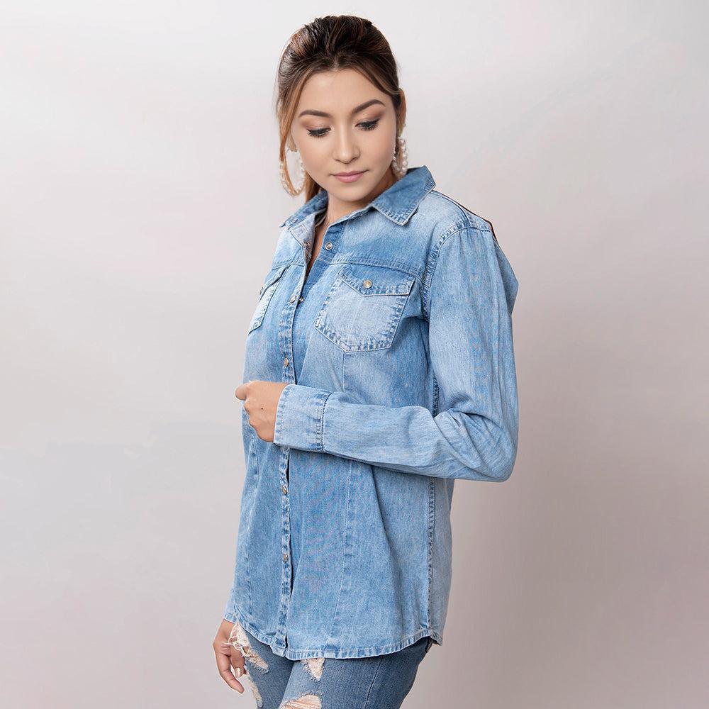 American Darling Leather Hand Tooled Carved Women Denim Shirt Jacket