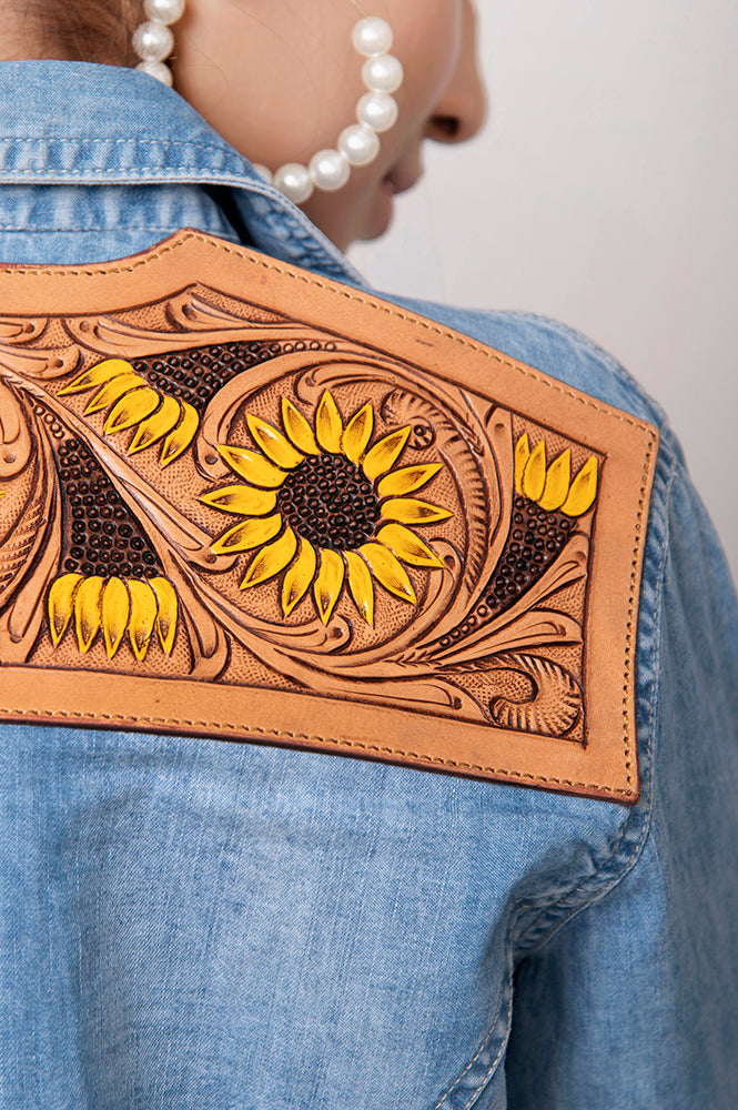 American Darling Genuine leather Hand tooled carved Women 100% cotton Denim Blazer dress jacket ladies | Vintage