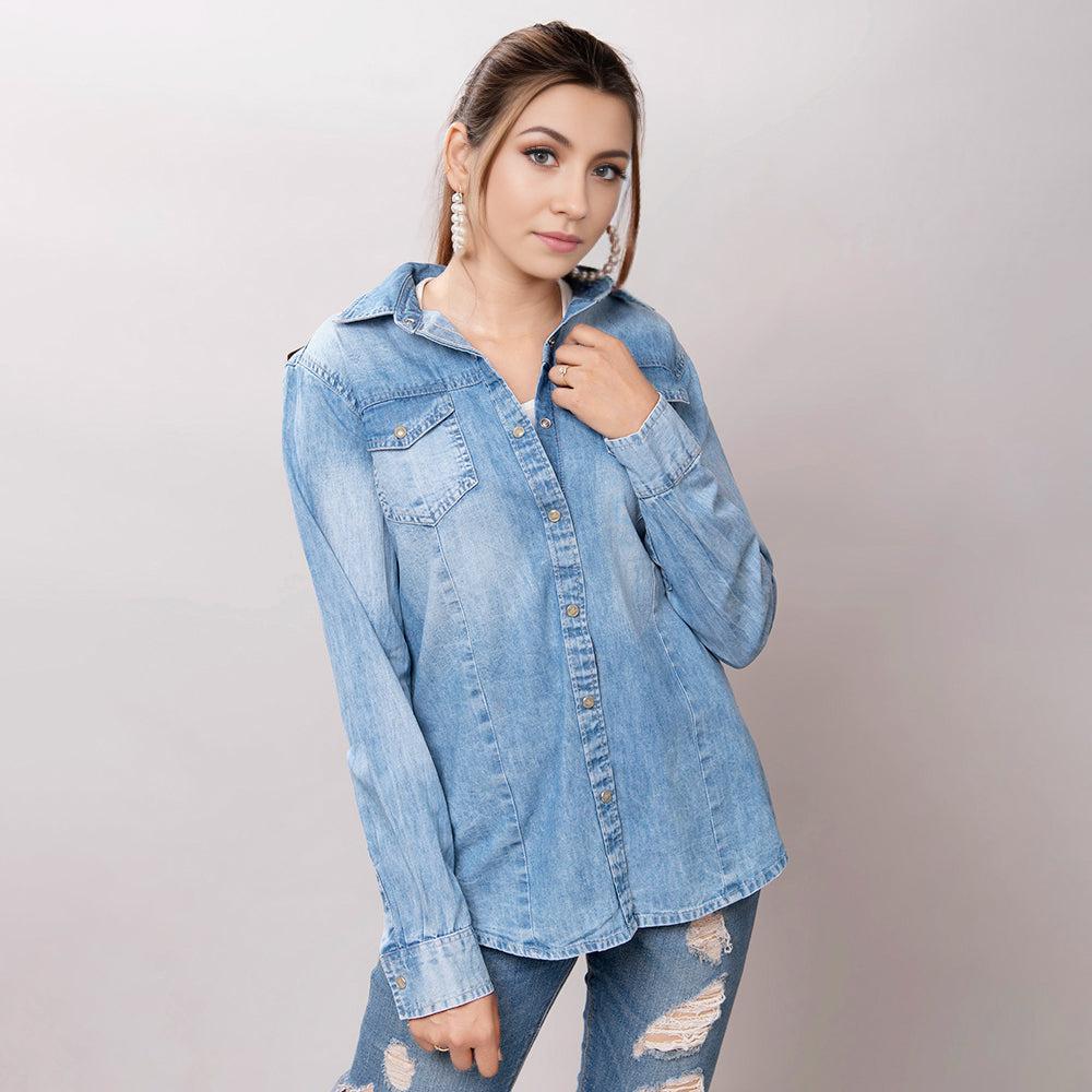 American Darling Leather Hand Tooled Carved Women Denim Shirt Jacket