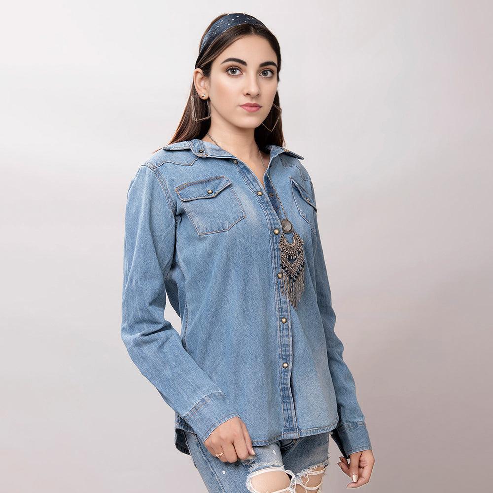 American Darling Leather Hand Tooled Carved Women Denim Shirt Jacket
