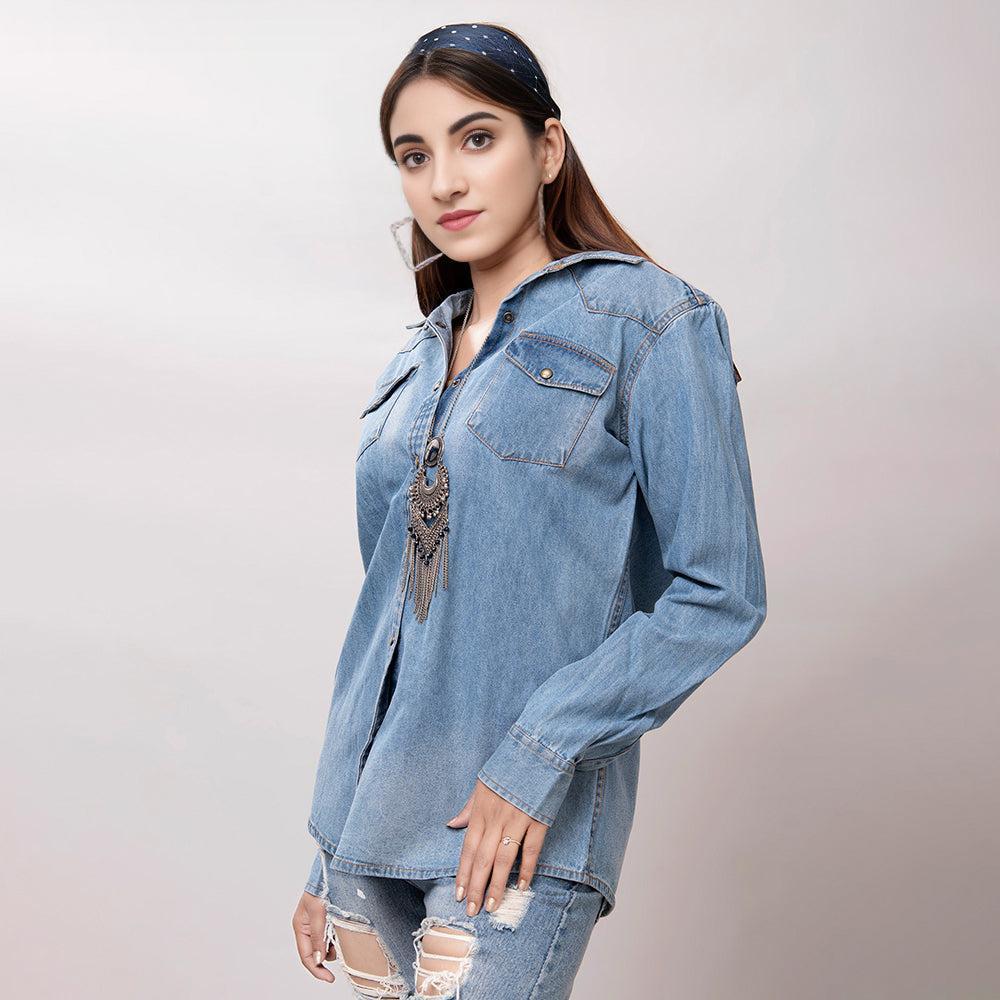 American Darling Leather Hand Tooled Carved Women Denim Shirt Jacket