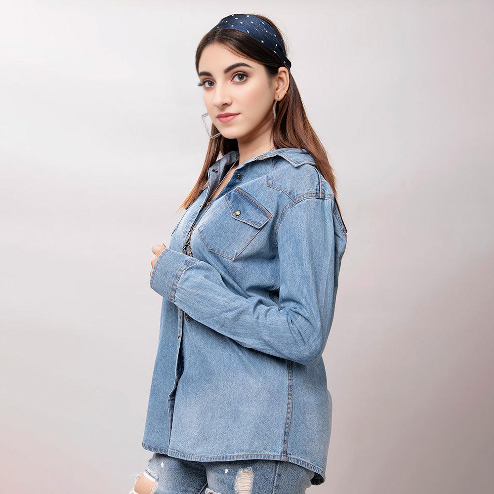American Darling Leather Hand Tooled Carved Women Denim Shirt Jacket