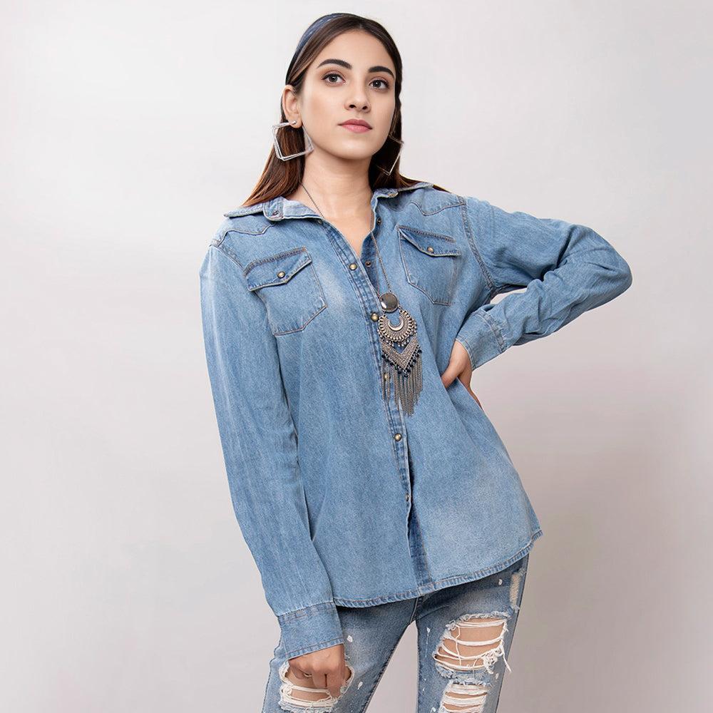 American Darling Leather Hand Tooled Carved Women Denim Shirt Jacket