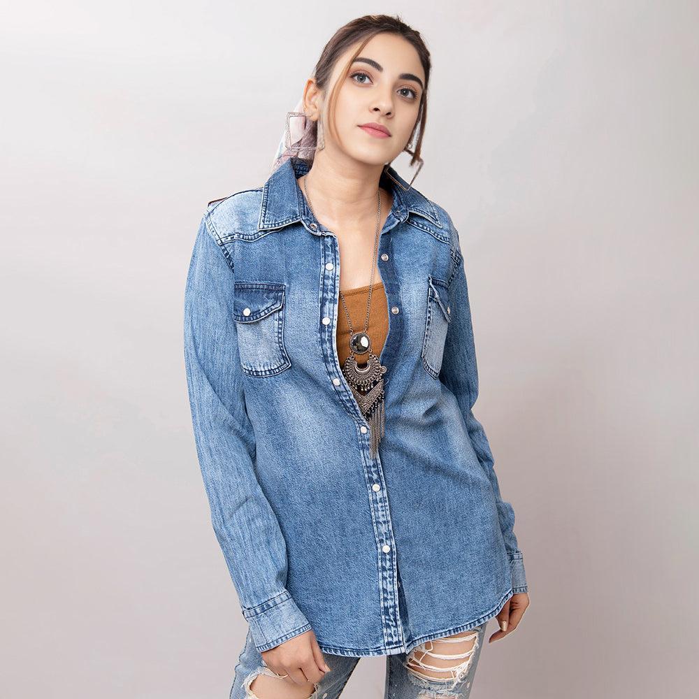 American Darling Leather Hand Tooled Carved Women Denim Shirt Jacket
