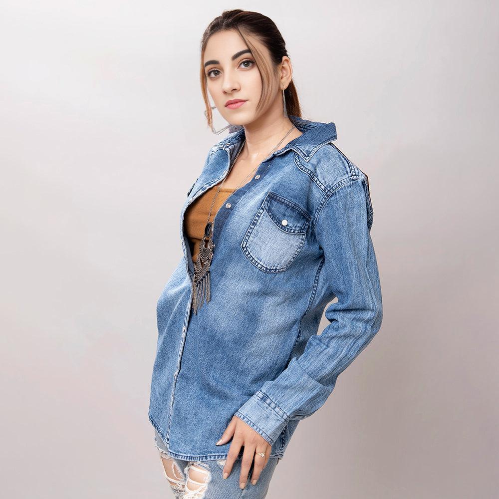 American Darling Leather Hand Tooled Carved Women Denim Shirt Jacket