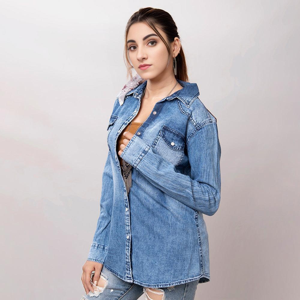 American Darling Leather Hand Tooled Carved Women Denim Shirt Jacket