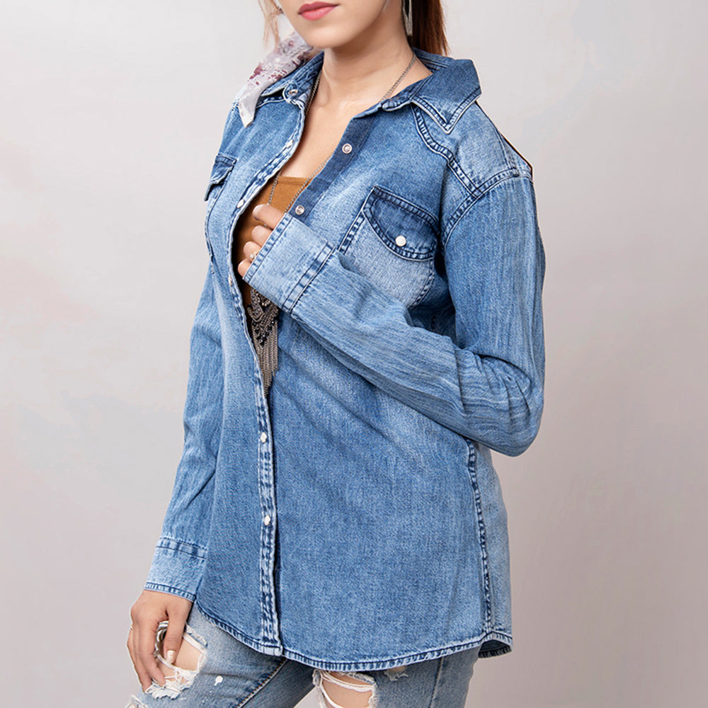 American Darling Genuine leather Hand tooled carved Women 100% cotton Denim Blazer dress jacket ladies | Vintage