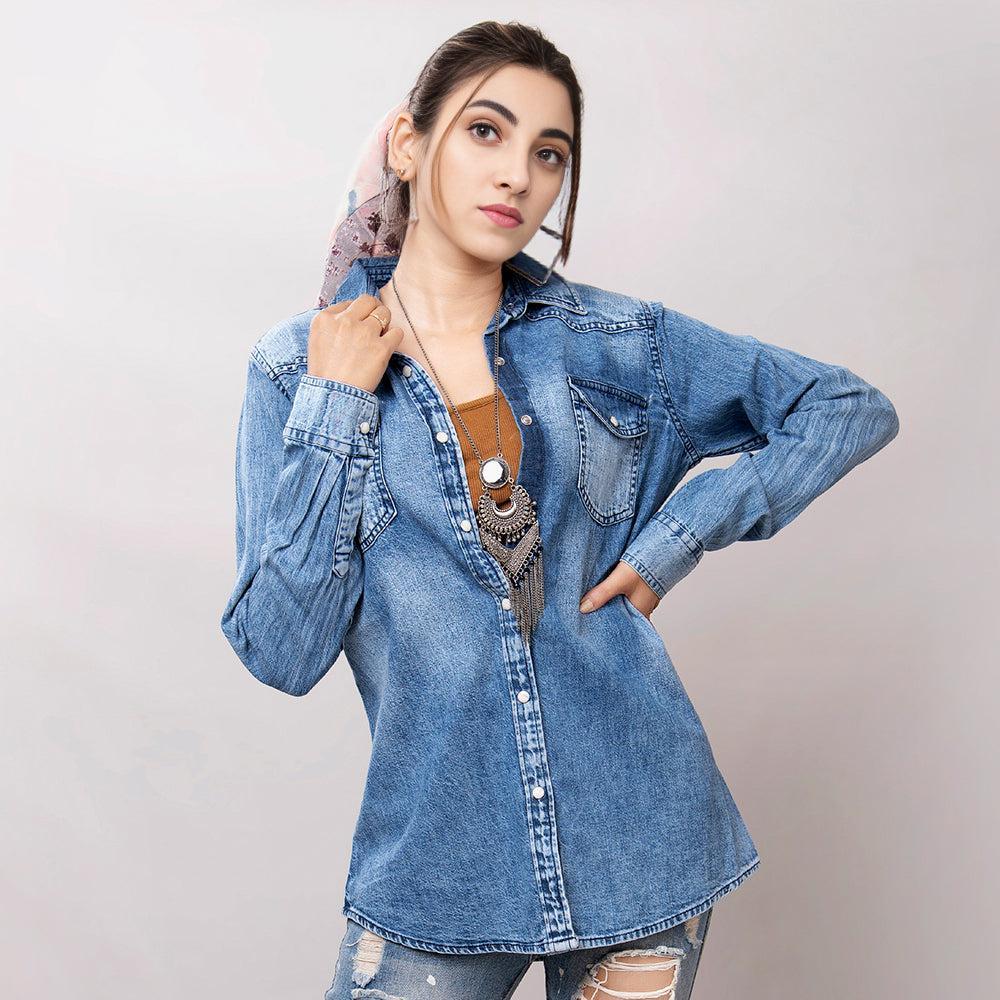 American Darling Leather Hand Tooled Carved Women Denim Shirt Jacket