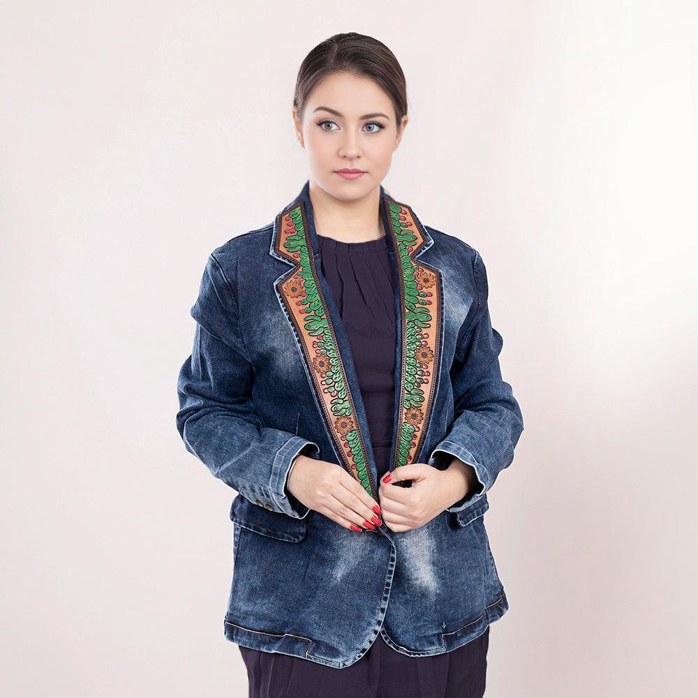 Genuine leather Hand tooled hand carved Women 100% cotton Denim Blazer dress jacket