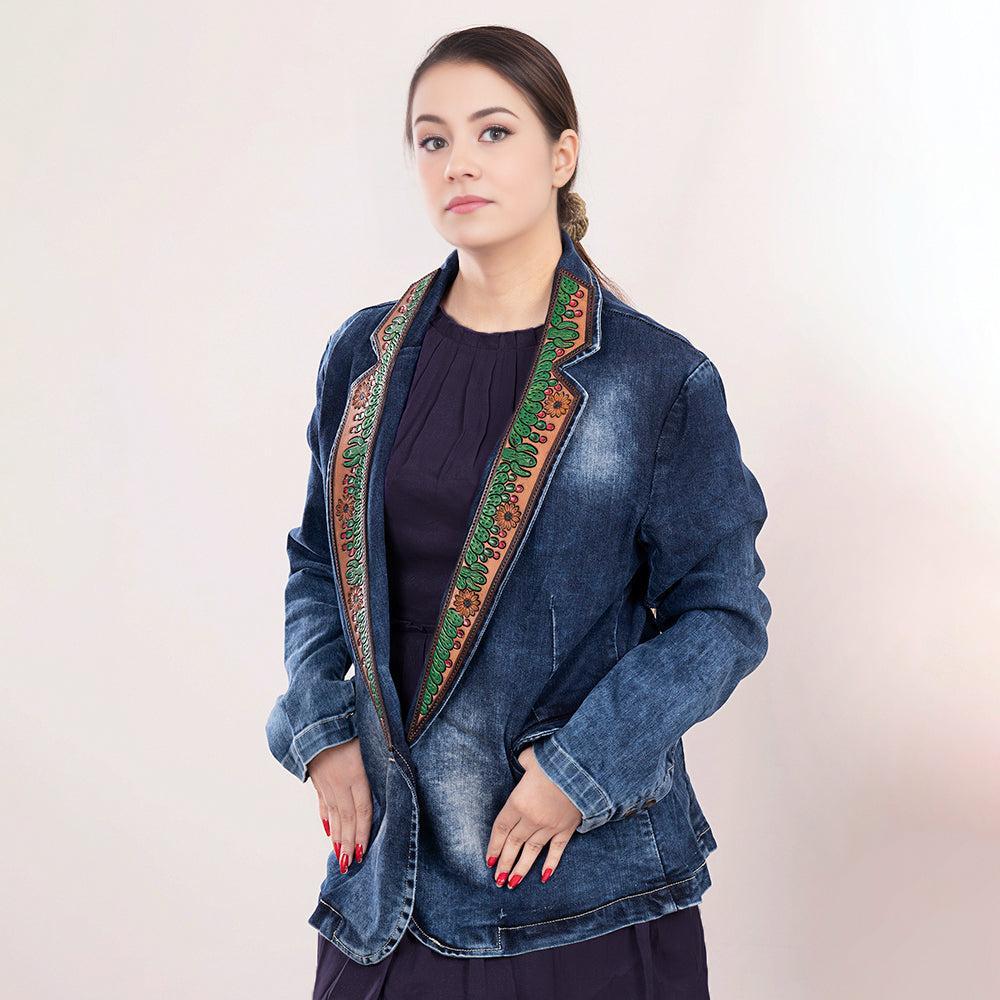 Genuine leather Hand tooled hand carved Women 100% cotton Denim Blazer dress jacket