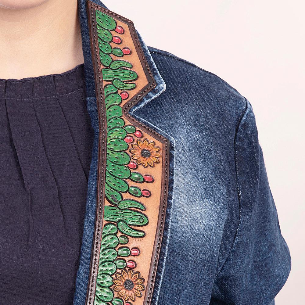 Genuine leather Hand tooled hand carved Women 100% cotton Denim Blazer dress jacket