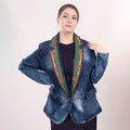 Genuine leather Hand tooled hand carved Women 100% cotton Denim Blazer dress jacket
