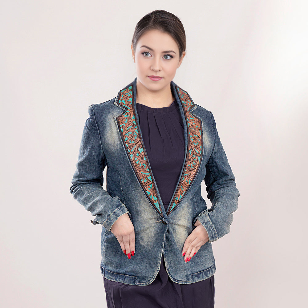 Genuine leather Hand tooled hand carved Women 100% cotton Denim Blazer dress jacket
