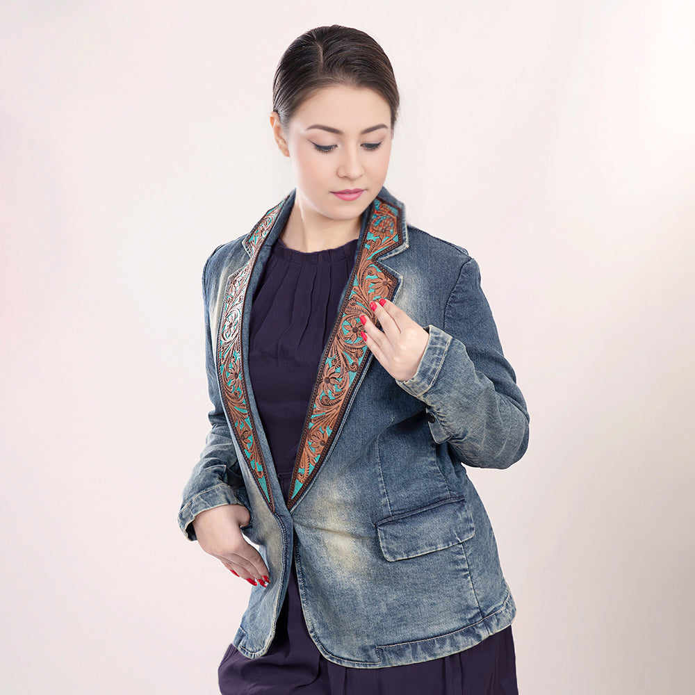 Genuine leather Hand tooled hand carved Women 100% cotton Denim Blazer dress jacket
