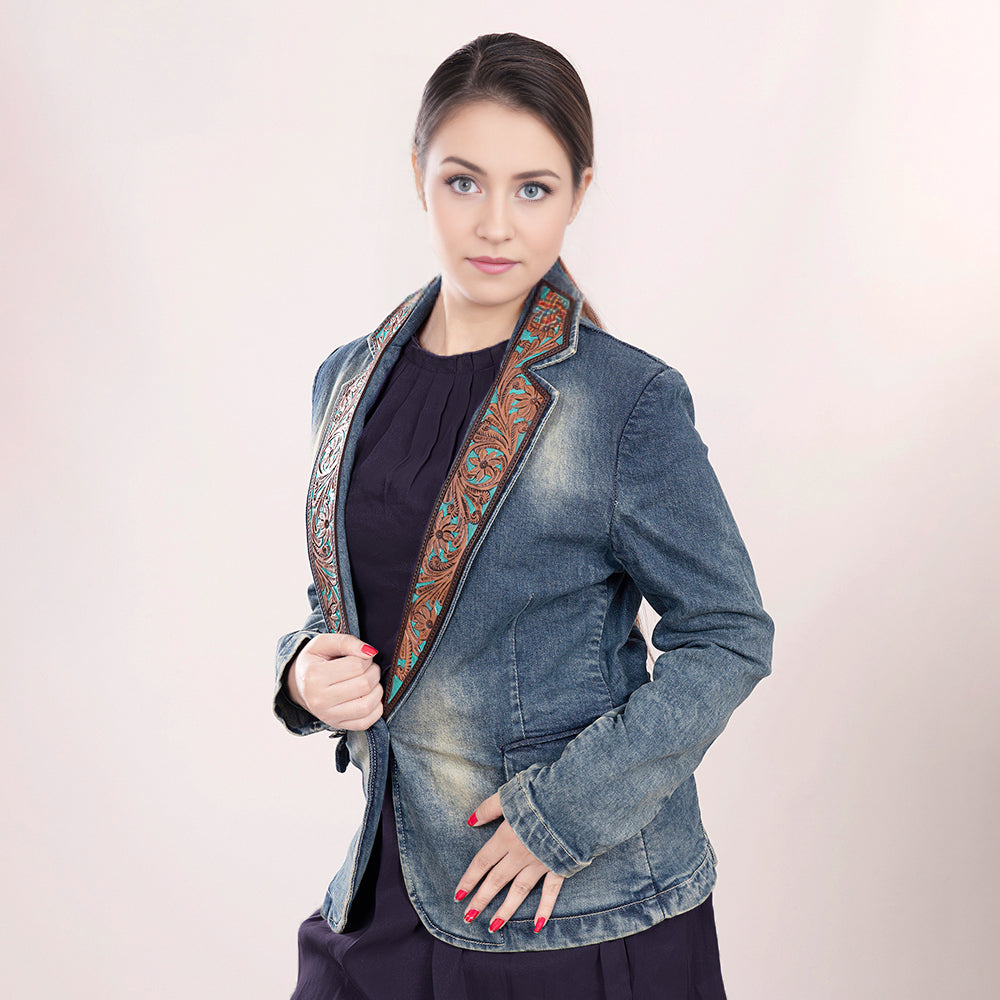 Genuine leather Hand tooled hand carved Women 100% cotton Denim Blazer dress jacket