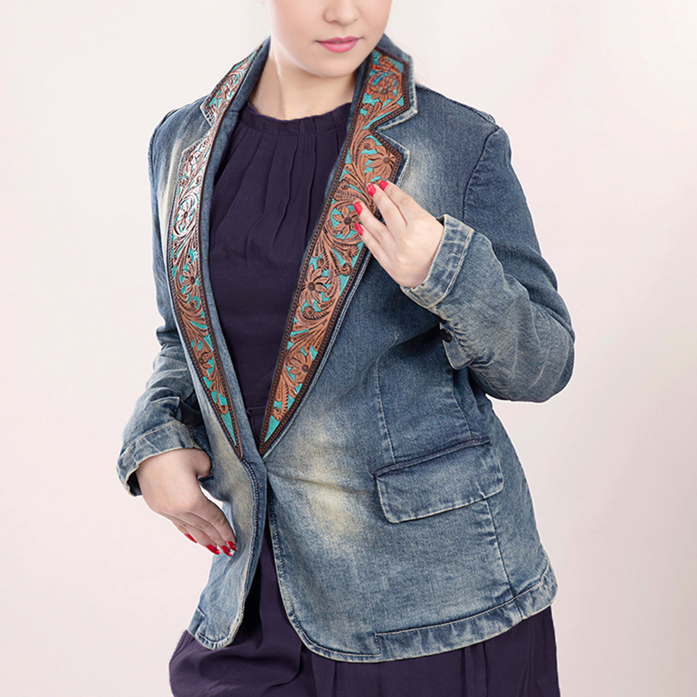 American Darling Genuine leather Hand tooled carved Women 100% cotton Denim Blazer dress jacket | Vintage
