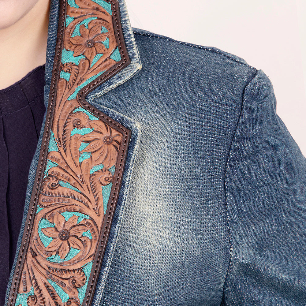 Genuine leather Hand tooled hand carved Women 100% cotton Denim Blazer dress jacket