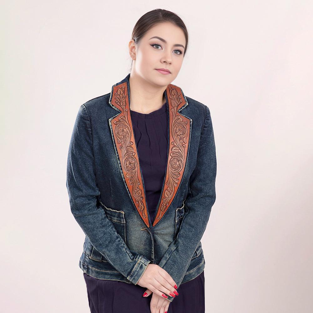 Genuine leather Hand tooled hand carved Women 100% cotton Denim Blazer dress jacket