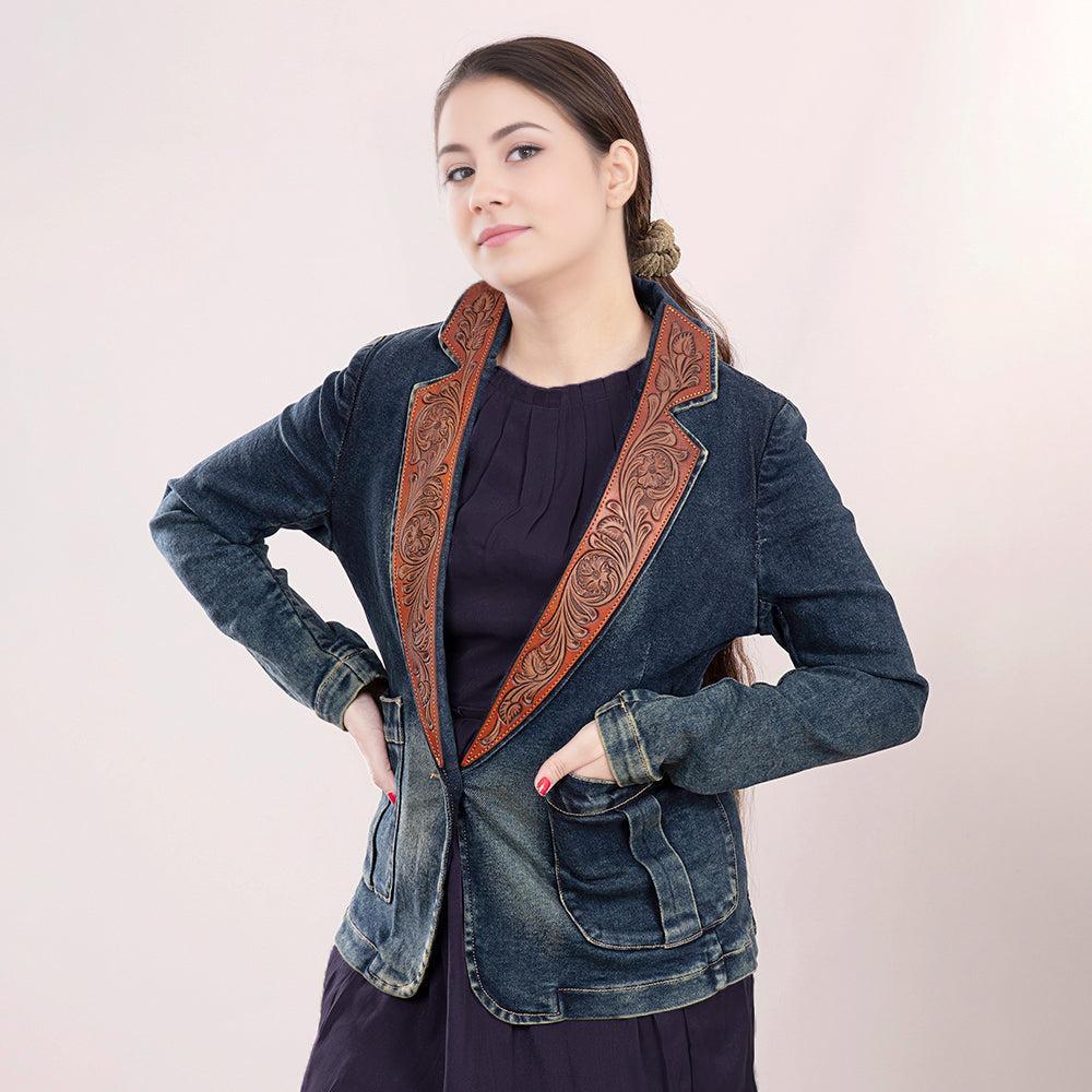 Genuine leather Hand tooled hand carved Women 100% cotton Denim Blazer dress jacket