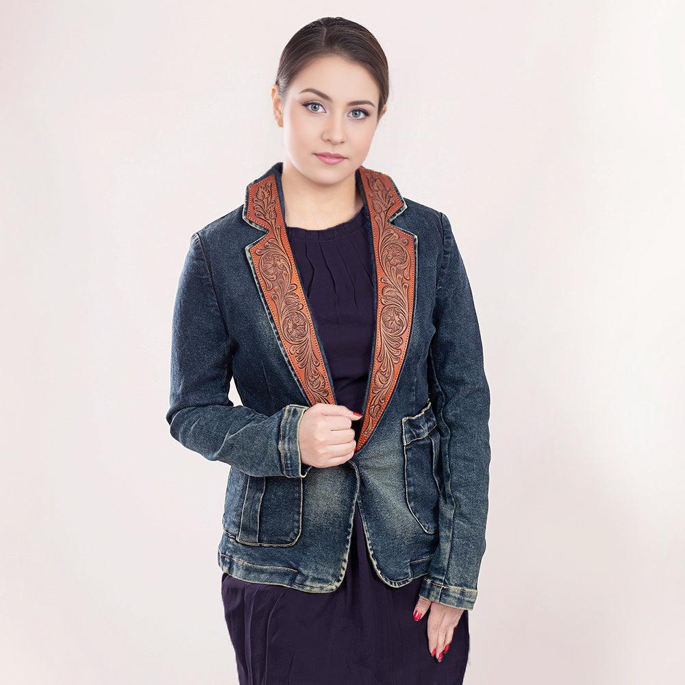 Genuine leather Hand tooled hand carved Women 100% cotton Denim Blazer dress jacket