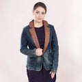Genuine leather Hand tooled hand carved Women 100% cotton Denim Blazer dress jacket