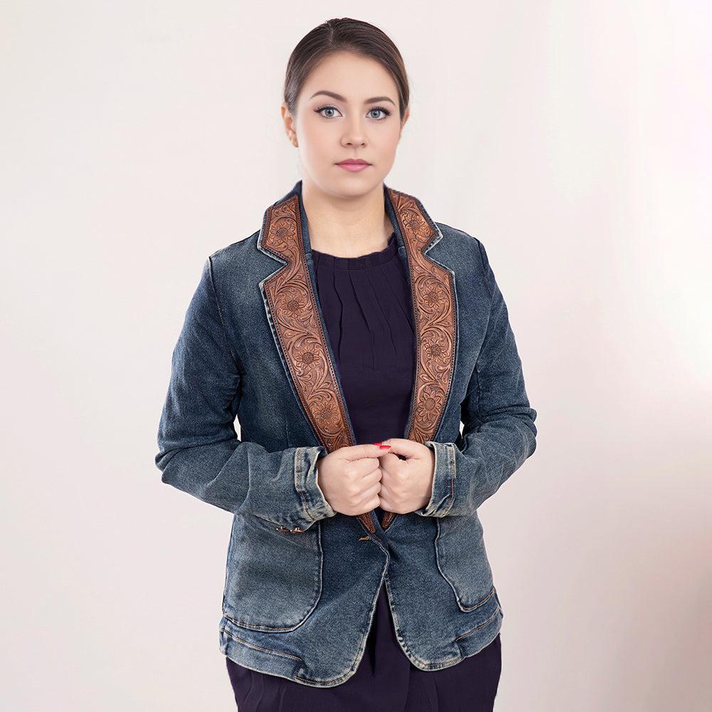 Genuine leather Hand tooled hand carved Women 100% cotton Denim Blazer dress jacket