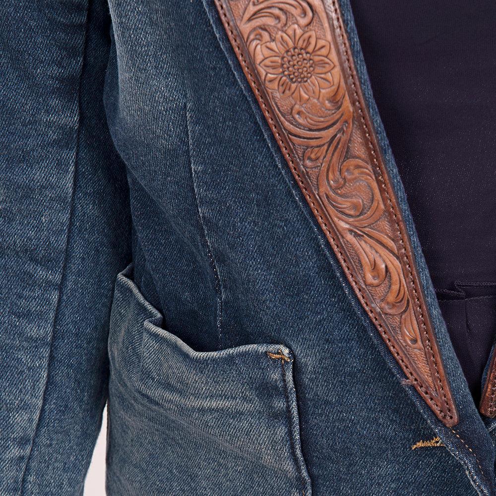 Genuine leather Hand tooled hand carved Women 100% cotton Denim Blazer dress jacket