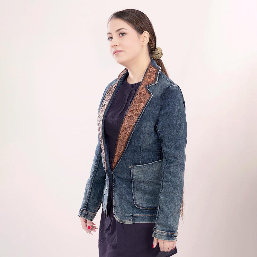 Genuine leather Hand tooled hand carved Women 100% cotton Denim Blazer dress jacket