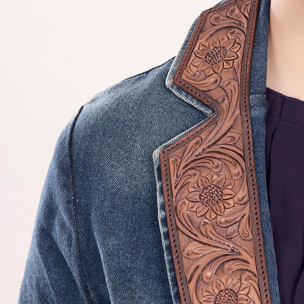 Genuine leather Hand tooled hand carved Women 100% cotton Denim Blazer dress jacket