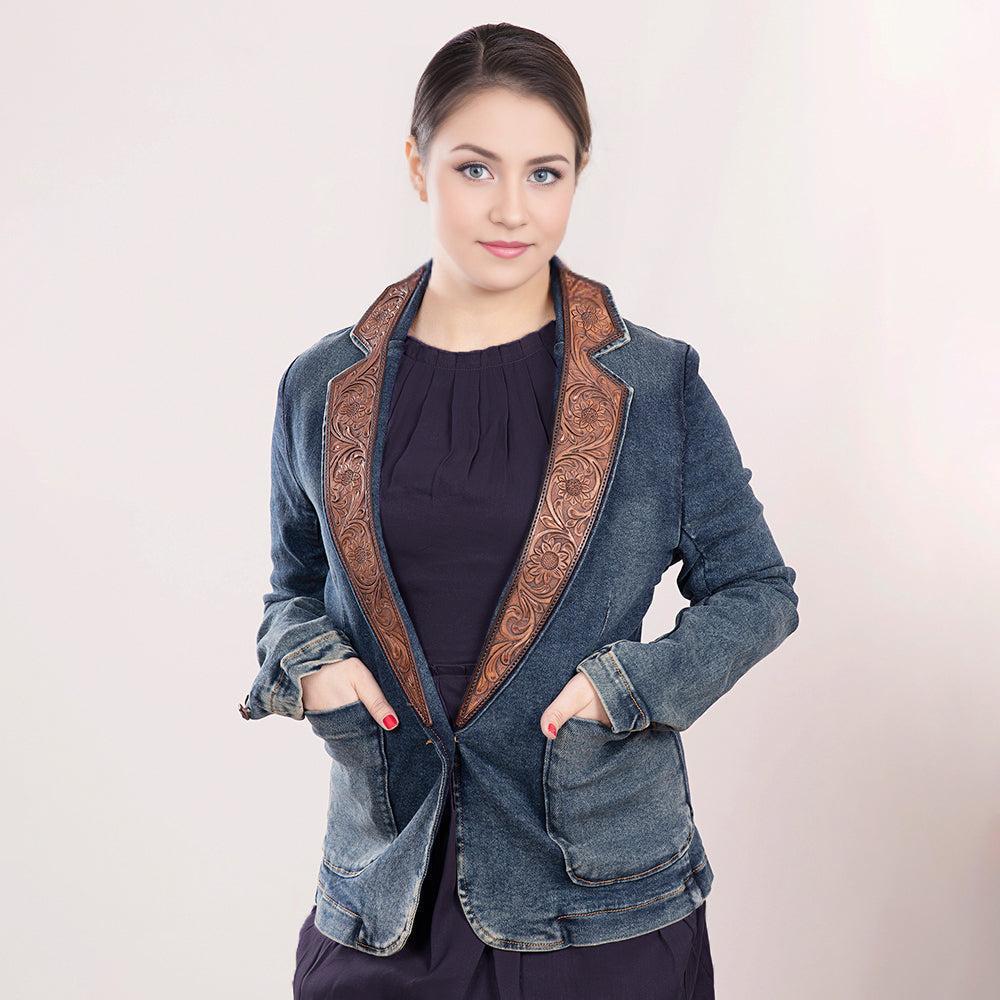 Genuine leather Hand tooled hand carved Women 100% cotton Denim Blazer dress jacket