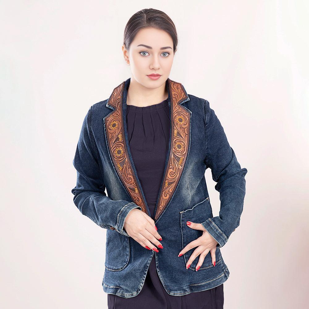 Genuine leather Hand tooled hand carved Women 100% cotton Denim Blazer dress jacket