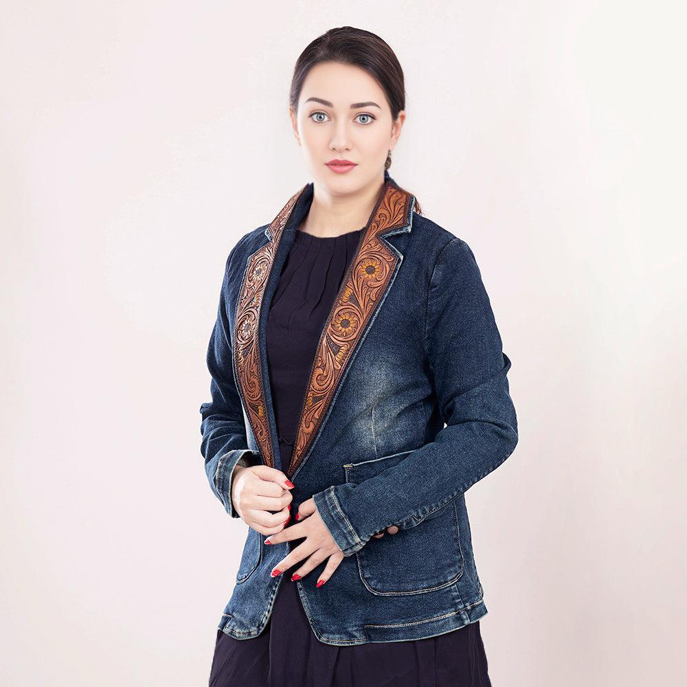 Genuine leather Hand tooled hand carved Women 100% cotton Denim Blazer dress jacket