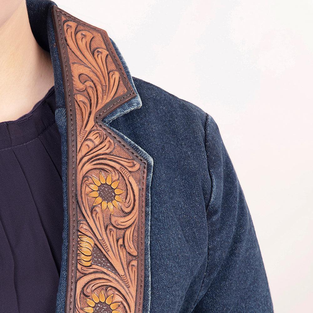 Genuine leather Hand tooled hand carved Women 100% cotton Denim Blazer dress jacket