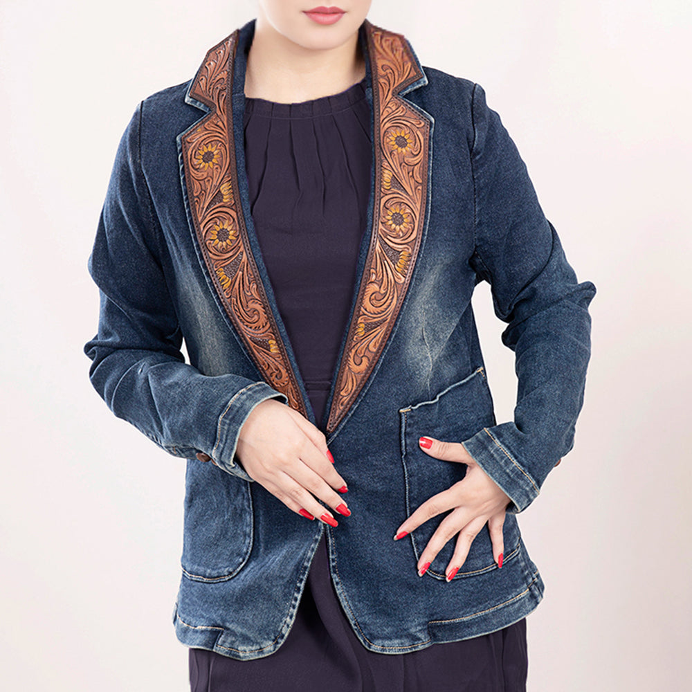American Darling Genuine leather Hand tooled carved Women 100% cotton Denim Blazer dress jacket | Vintage