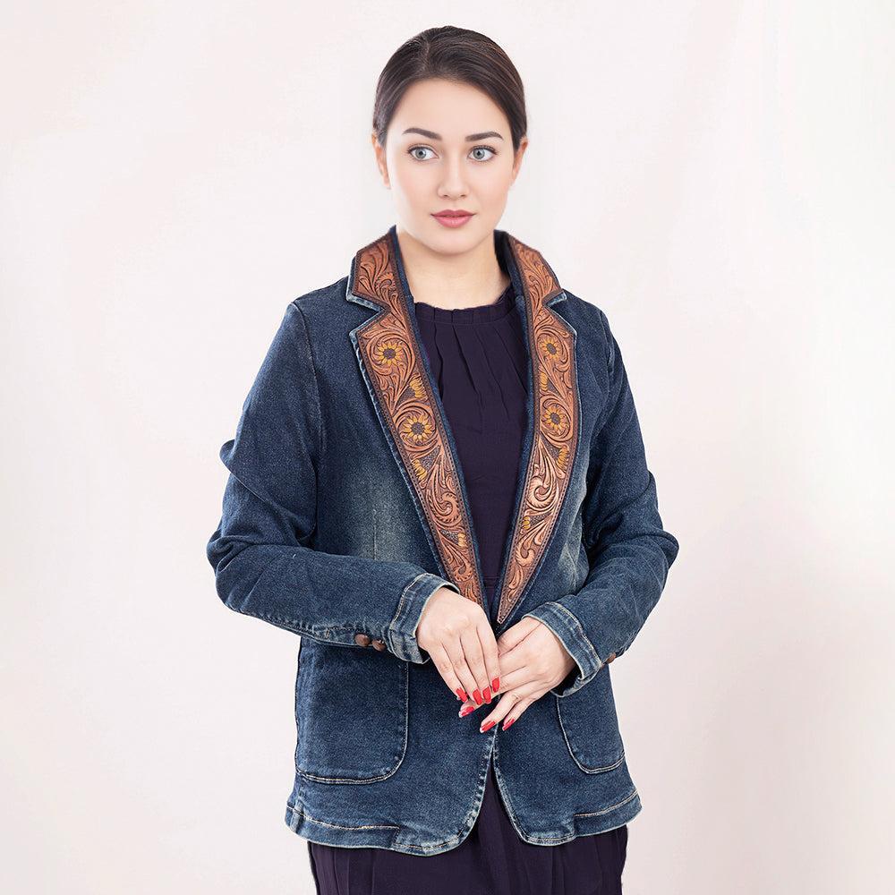 Genuine leather Hand tooled hand carved Women 100% cotton Denim Blazer dress jacket