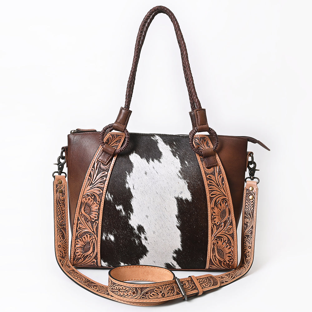 American Darling Hair-On Cowhide Tote Bag, Hand-Tooled Floral Western Leather Purse, Buck Stitched, 10in (H) X 13.5in (W) X 4in (D)