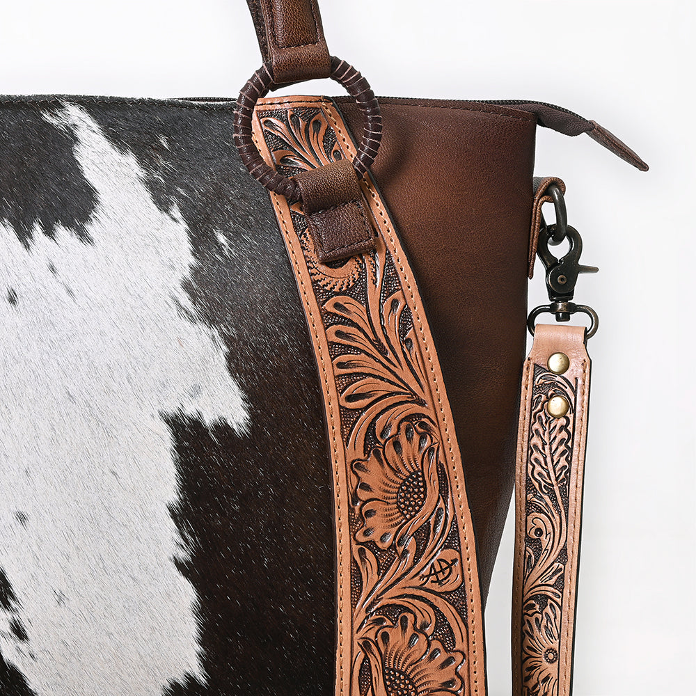 American Darling Tote Bag Western Hand Tooled Floral Genuine Leather with Hair-On Cowhide & Braided Handle for Women