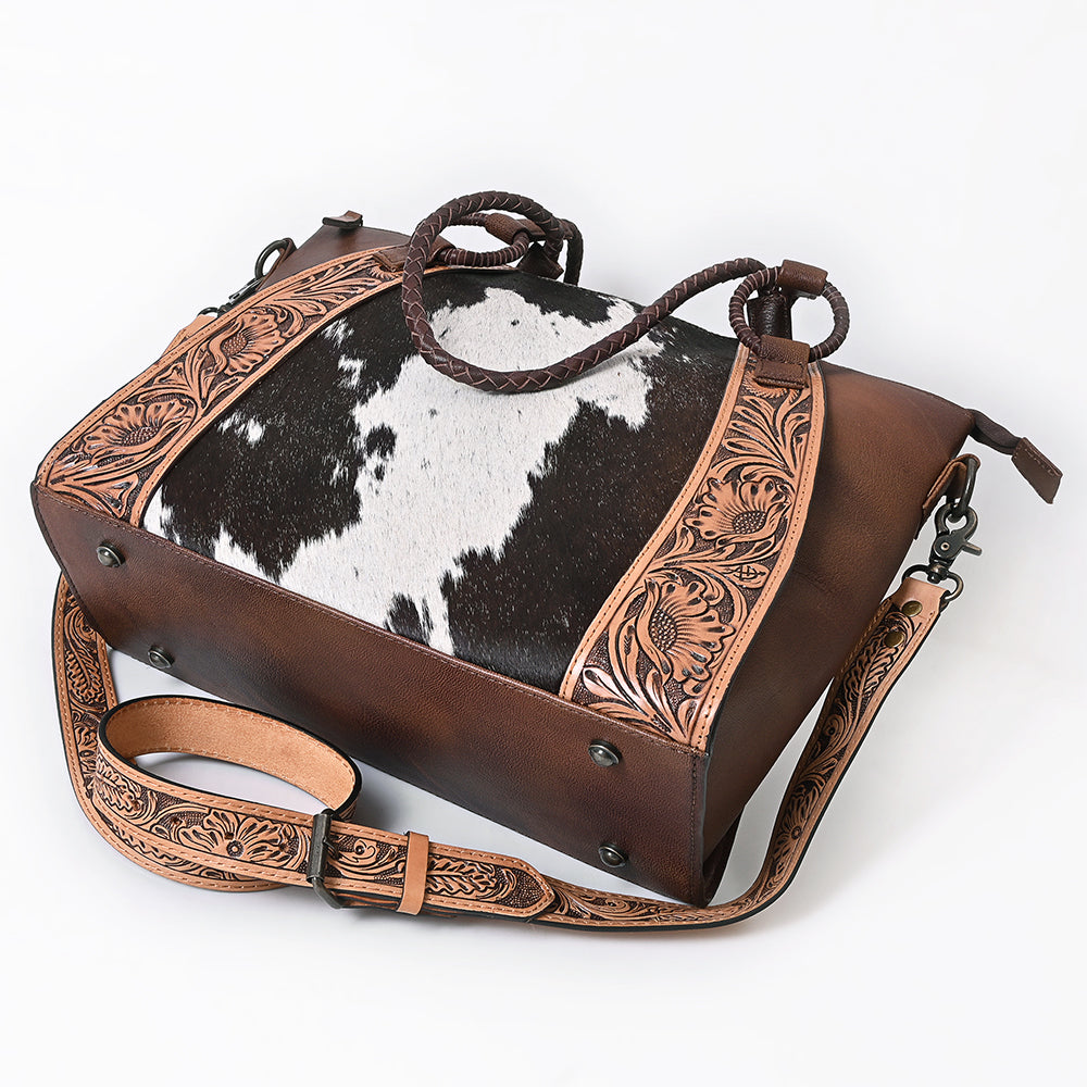 American Darling Tote Bag Western Hand Tooled Floral Genuine Leather with Hair-On Cowhide & Braided Handle for Women